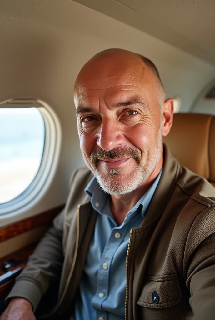 Selfie type photo, 1 meter focal length, 53-year-old man, The best quality, Hiper realilsta, High Resolutions, Height 1.45 meters, 98 kilos, casual clothes, realist, 1 man, only, calvo, without putting, looking at the viewer, cessna citation x , highlight details of the interior of the plane, daylight