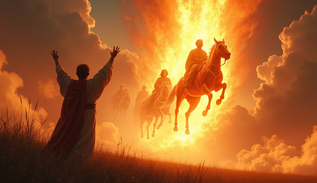 "Create a realistic and dramatic image of the biblical scene of Elijah&#39;s rapture. The image should show a majestic chariot of fire, drawn by resplendent fiery horses, rising to the heavens in a spectacle of light and power. In the foreground, put Elisha, with an expression of admiration and reverence, watching the scene with arms raised, as if recognizing the greatness of the moment. The background should be a vibrant sky, full of dramatic clouds and shades of orange and red, reflecting the intensity of the event. The composition must convey the emotion and spirituality of the biblical passage, capturing the essence of Elijah&#39;s rapture." 