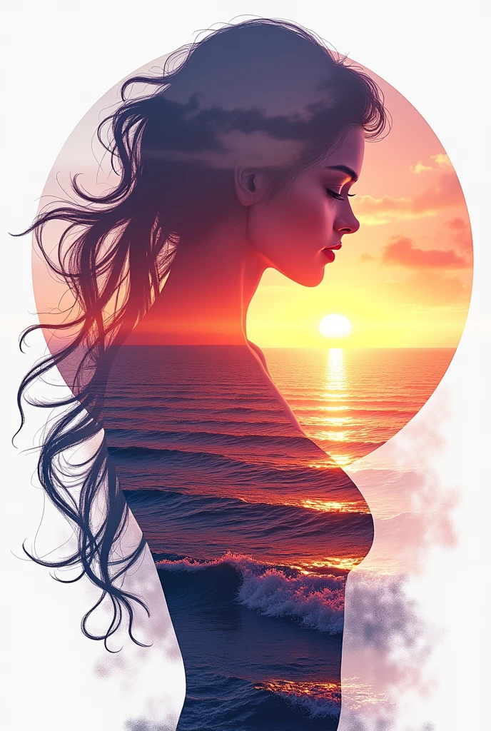 high quality, 8K Ultra HD, A beautiful double exposure that combines an goddess silhouette with sunset coast, sunset coast should serve as the underlying backdrop, with its details incorporated into the goddess , crisp lines, The background is monochrome, sharp focus, double exposure, by yukisakura, awesome full color,