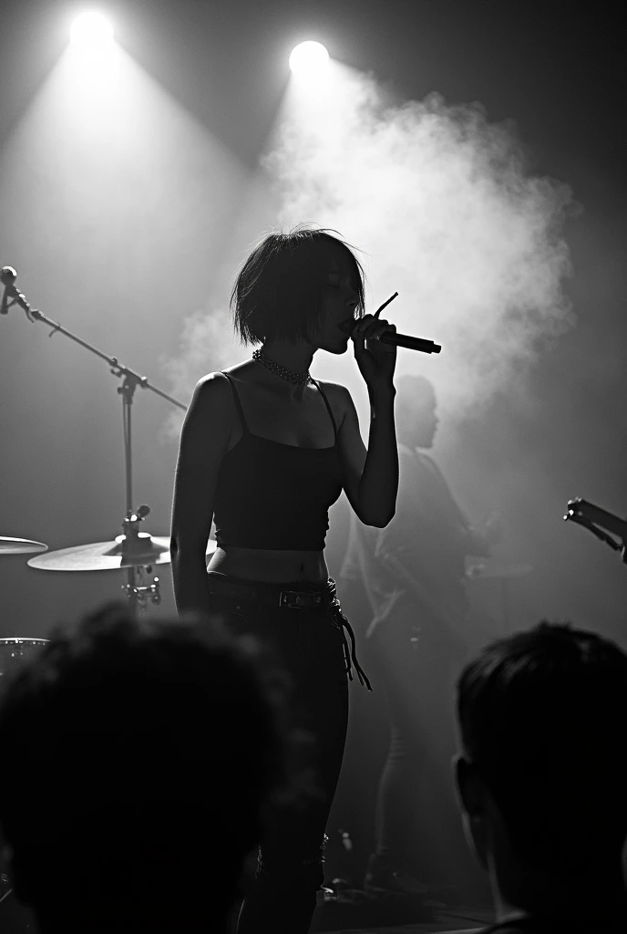 Short Bob、Japan Female Vocals、Japanese、8k、live house、Dark lighting、A stage filled with smoke、punk、Smoke a cigarette、Black and white photography、