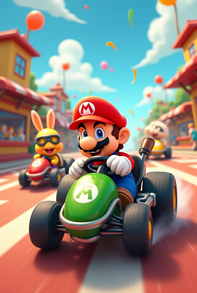 Personnage genre Mario ou similaire et petit personnages animaux, libre de droit qui font du kart puissant vert et noir