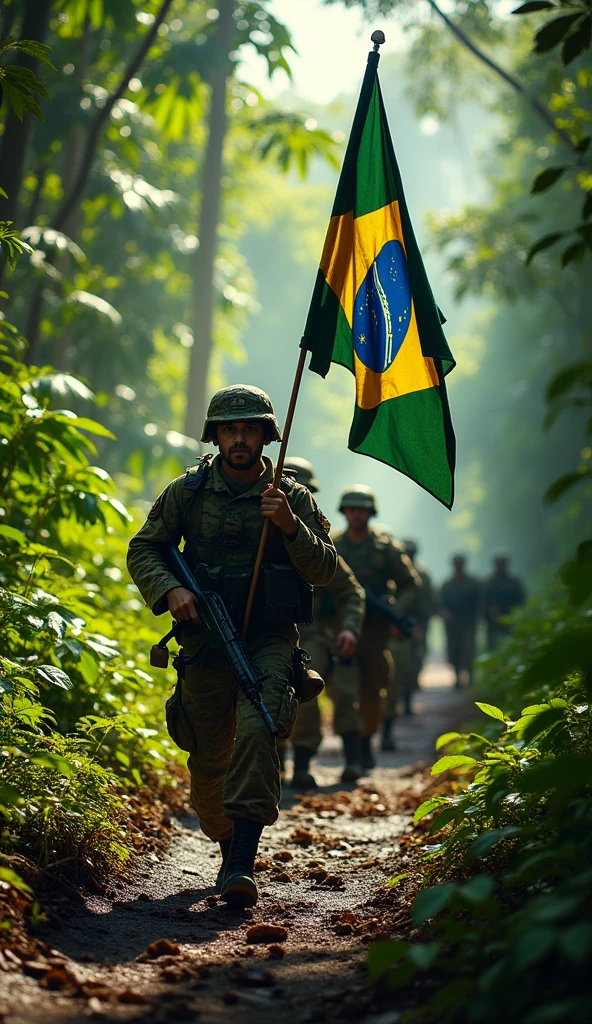 Brazilian soldiers with Brazilian flags at war in the forest