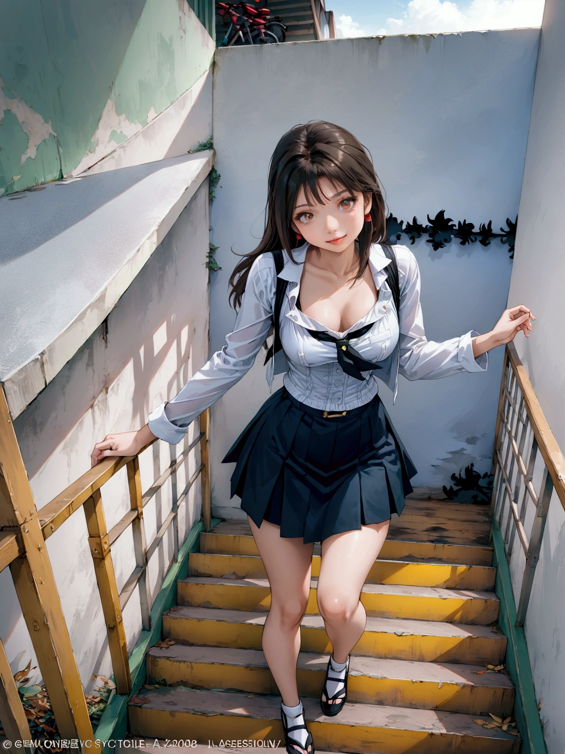 realistic anime illustration of pretty high school girl is posing at stair, (1girl, solo, full body), (masterpiece, best quality, japanese anime style), (expressive eyes, perfect face, perfect anatomy)