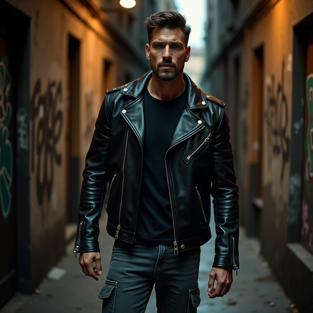 Man in Leather Jacket, stubble, hair combed back, strains of hair on forehead, serious, emotionless gaze, muscular, jeans, military boots