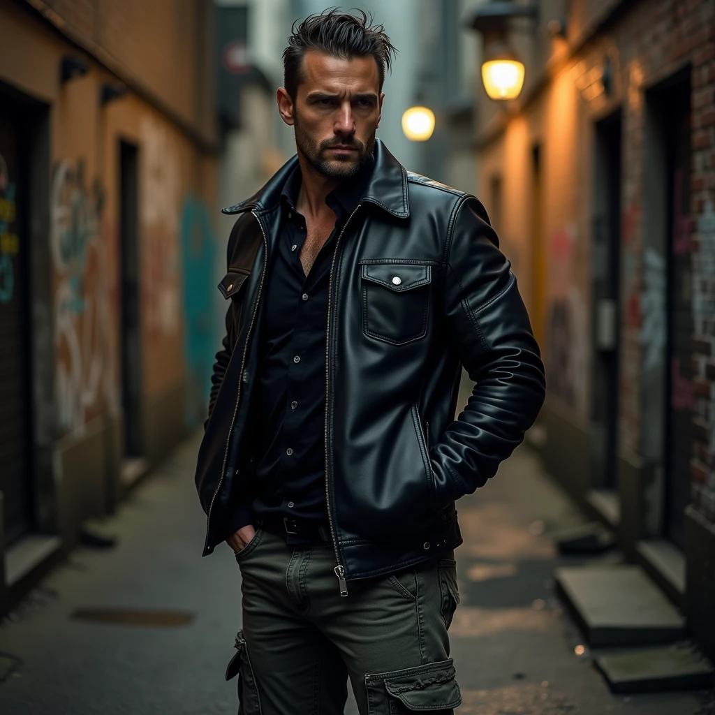 Man in Leather Jacket, stubble, hair combed back, strains of hair on forehead, serious, emotionless gaze, muscular, jeans, military boots