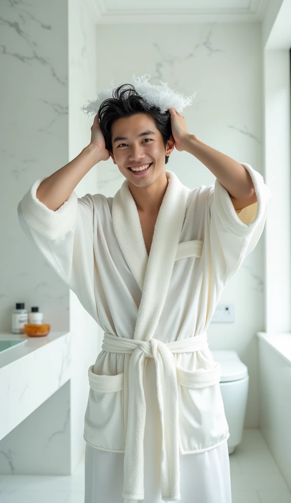 Create a handsome young Asian man,Standing on the ground,Beautiful beautiful big eyes,Regular facial features,Wearing a white satin bathrobe,Scratch your scalp with both hands,Two hands washing hair on top of head,There is a lot of real white foam and water on the hair,Foam wrap head,Real bubbles,Open your eyes,The expression is happy,The characters are realistic and realistic,Pure white high-end bathroom background,Character front position,9:16 frames,Ultra-high-definition picture quality