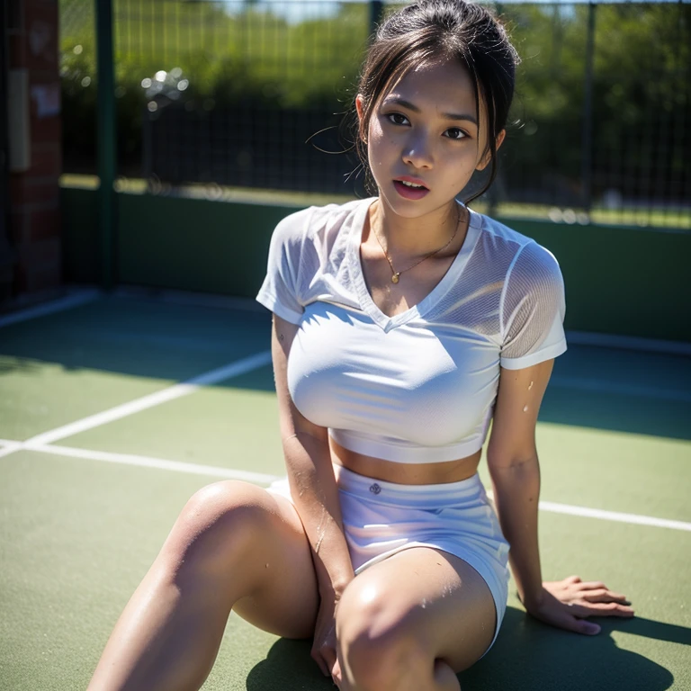 1 beautiful girl, alone, white sneakers, tennis wear, white mini skirt, masterpiece, highest quality, realistic, very detailed, (shiny skin, sweaty:1.4), absurd, looking at the viewer, short black hair, brown eyes, thin, dynamic lighting, High resolution, sharp focus, Depth of the bounds written, fine eyes, sharp pupils, , (big breasts), (thick thighs:1.0), outdoor, half open mouth