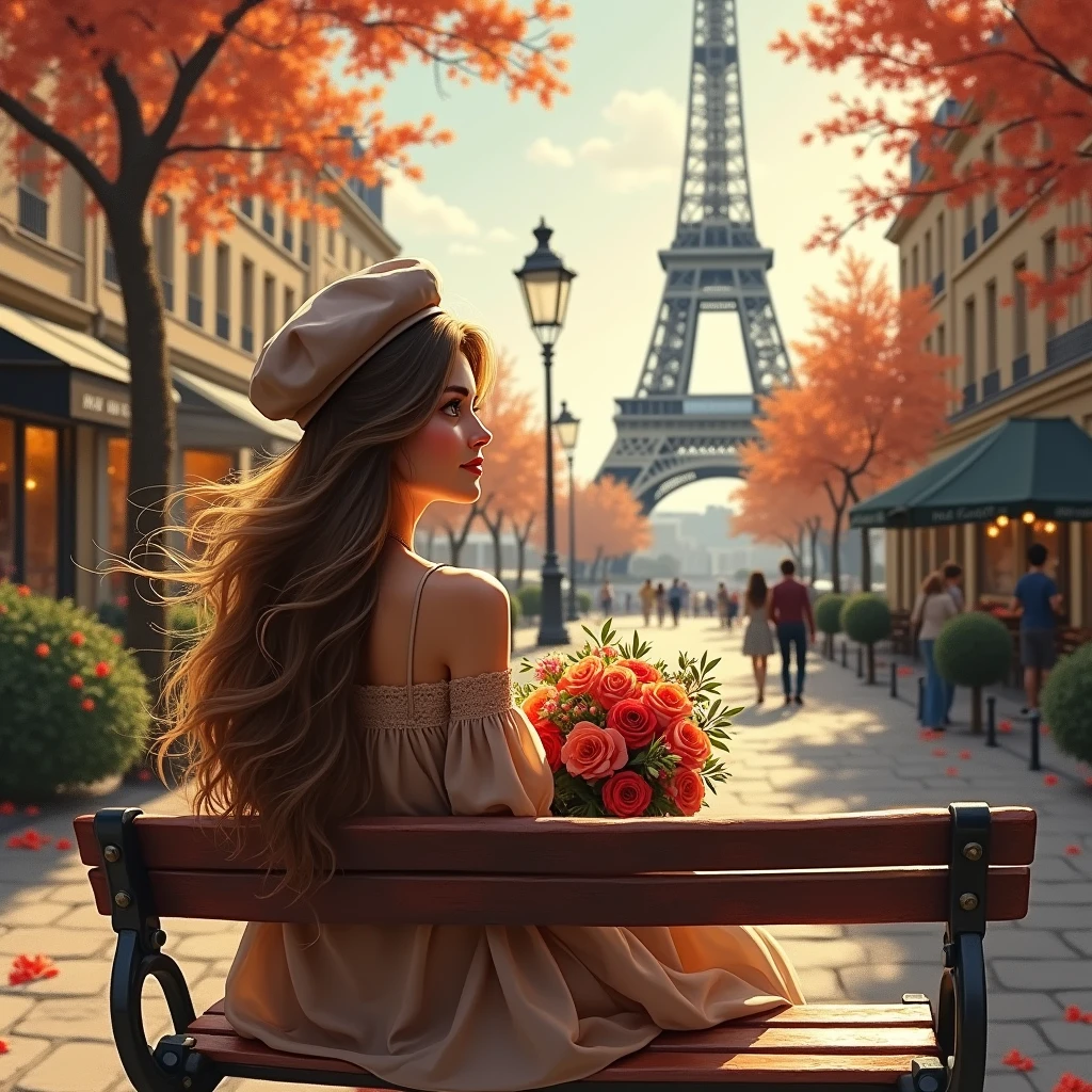 Beautiful girl with long hair sitting on a bench in Paris, Looking at the iconic Eiffel Tower, Wearing a stylish beret and holding a colorful bouquet of flowers. An atmosphere full of romance and elegance, Capturing the essence of the city of love. The scene is rendered in stunning oil painting medium.., Very detailed brush strokes that bring out the texture and depth of the work.. The colors are vivid and clear., Warm gold color tones add a captivating atmosphere... The lighting is soft and romantic., Create a dreamy atmosphere with soft light that makes the girl's face stand out even more... The quality of the work is top notch, With a resolution of 8K, So that every intricate detail can shine through.. The girl's eyes are beautifully detailed., Add a captivating look with long eyelashes.. Her lips are also beautifully delicate, With a gentle smile, Adds to her charm. The background is filled with the sights and sounds of Paris.., There is a cobblestone street, Attractive cafe, And the blooming flowers, Creating a picturesque scene. This work captures the essence of Paris, Make it a true masterpiece.