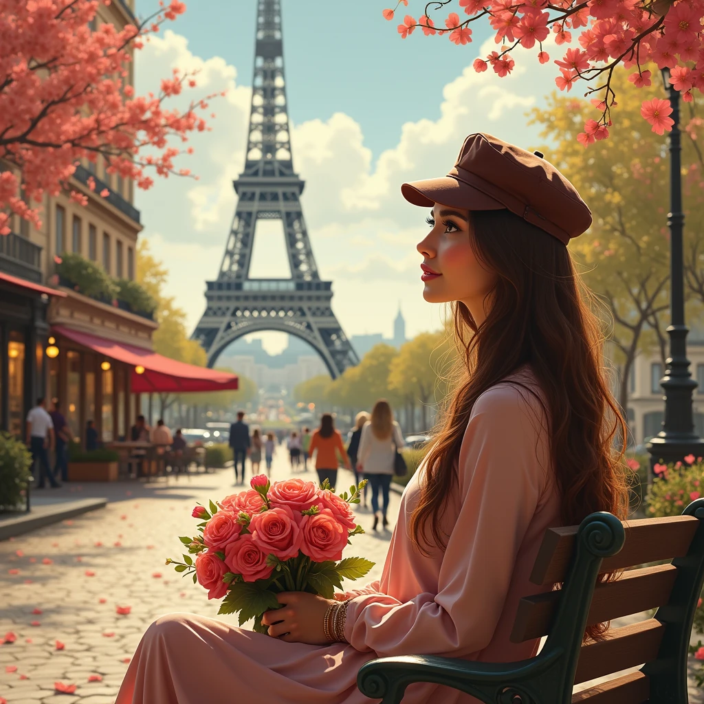 Beautiful girl with long hair sitting on a bench in Paris, Looking at the iconic Eiffel Tower, Wearing a stylish beret and holding a colorful bouquet of flowers. An atmosphere full of romance and elegance, Capturing the essence of the city of love. The scene is rendered in stunning oil painting medium.., Very detailed brush strokes that bring out the texture and depth of the work.. The colors are vivid and clear., Warm gold color tones add a captivating atmosphere... The lighting is soft and romantic., Create a dreamy atmosphere with soft light that makes the girl's face stand out even more... The quality of the work is top notch, With a resolution of 8K, So that every intricate detail can shine through.. The girl's eyes are beautifully detailed., Add a captivating look with long eyelashes.. Her lips are also beautifully delicate, With a gentle smile, Adds to her charm. The background is filled with the sights and sounds of Paris.., There is a cobblestone street, Attractive cafe, And the blooming flowers, Creating a picturesque scene. This work captures the essence of Paris, Make it a true masterpiece.