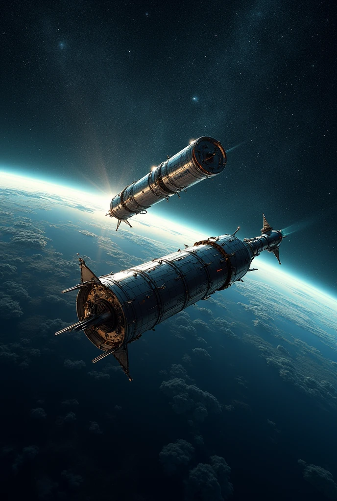Deep space with Earth in the background. Soyuz 4 on the left and Soyuz 5 on the right are approaching each other. make the 2 ships more apparent. I said 2 ships 2
