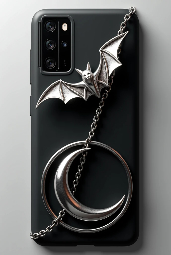 Black phone case with 3D silver bat under the left side camera, silver half-moon made of steel in the bottom right corner and a silver chain passing through the middle, going from the top right corner of the case to the bottom left corner of the 3D Samsung A25 cell phone case