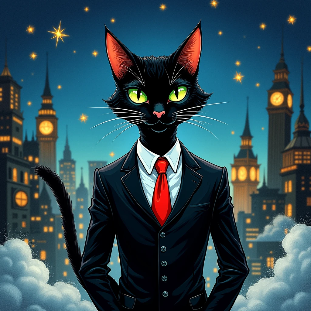 Black cat with body in black suit with red tie, drawing style