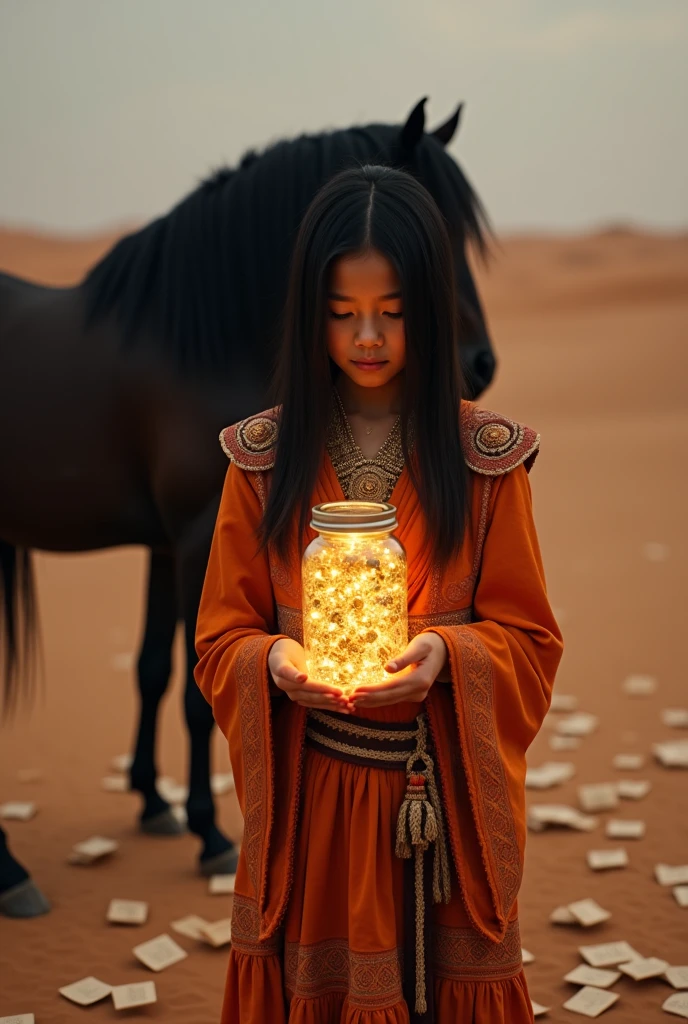 Draw a picture of a girl of 20 years old in brave's costume, having straight black hair standing in desert holding a jar which is decorated with LED lights inside. The girl is holding a chit and reading it.
On desert there are lots of chits everywhere without led lights.
A black horse is standing behind the girl on left side.
The whole picture is in dark mode.