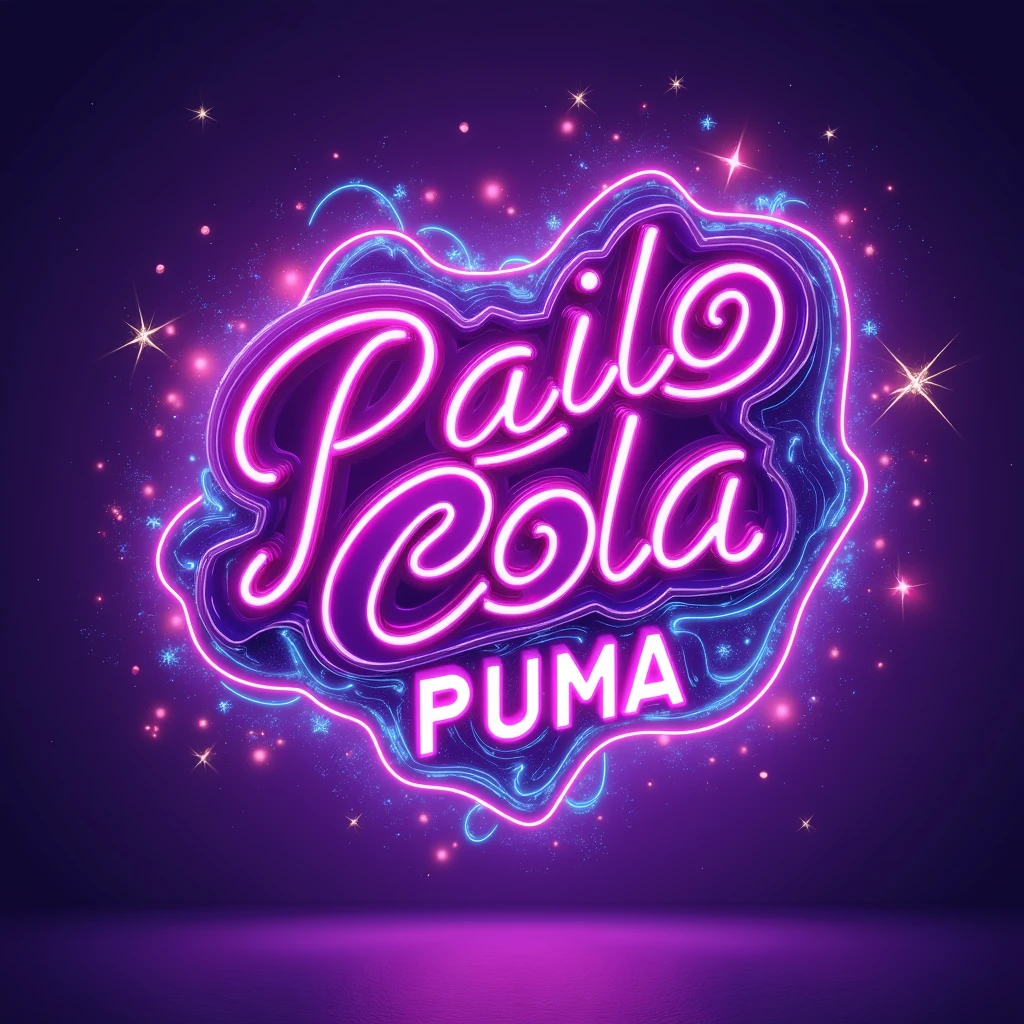 ((UTF-8)) Please create an image with the name "Paulo Cola", AND the number "23", AND the name "PIUMA". Use purple as the main color theme. Fluorescent colors.