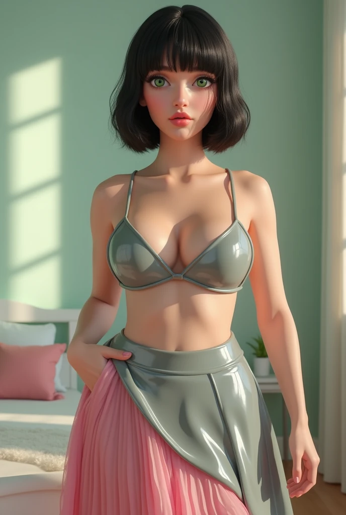 very beautiful, thicc Caucasian blonde female american, green colored eyes, off ((short black hair)), spectacular woman (full body 1.3), short black hair, wide hip, curved, firm round breasts, photographed in 8k, 3D-rendering, lifelike lighting, dressed in a (reflexive grey latex pleated skirt:1.3), Caucasian female, caucasian woman, white woman, gorgeous woman, (reflexive pink latex pleated skirt),