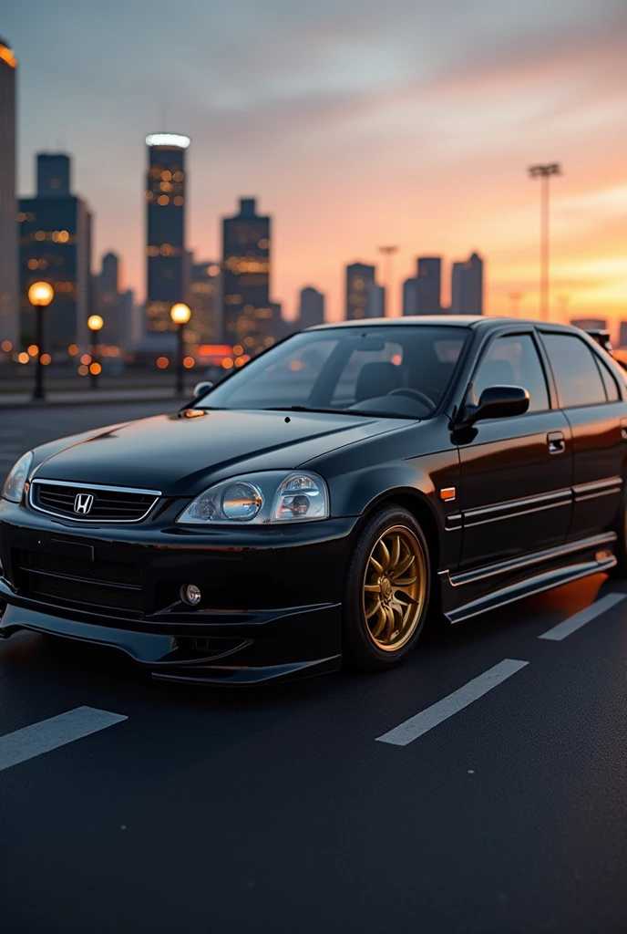 Black Honda city 2002 model with golden alloy wheels in side view