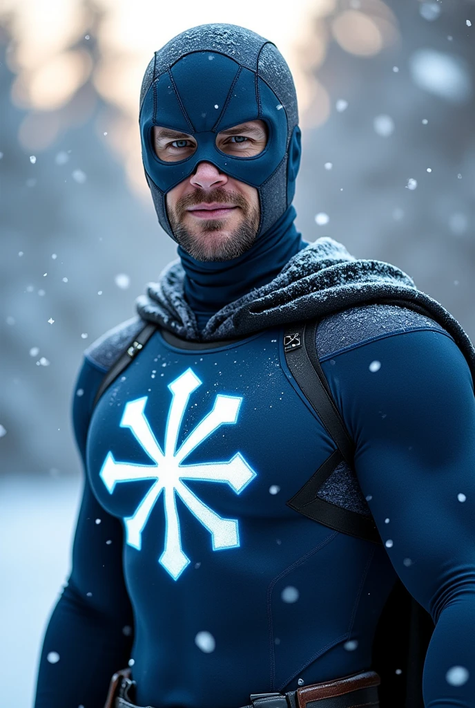 Make a uniform without a cape with a helmet with the snow symbol on the blue chest made of fabric of a male superhero 