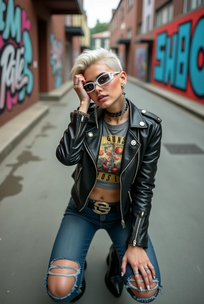russian old milf woman, grey hair (pompadour with shaved sides), wearing square maxisunglasses, bandana as headband, with very light blue eyes, extremely pale. Wearing cropped padded black moto jacket with lots of zippers and badges on jacket flaps, cropped t-shirt with big guns and roses logo, dark blue jeans with holes and pointy Chelsea boots with cuban heels . Silicone breasts. Lots of metallic bracelets, long pendants and lots of collars. Tacky leather belt with oversized chanel buckle. Long earrings. Kneeling, looking at the camera, legs spread, tilted head, eyes and mouth wide open in amazement. Hands fixing her hair, toned abdominals, thin legs and thin arms. Tattoed chest, hands, belly and arms.