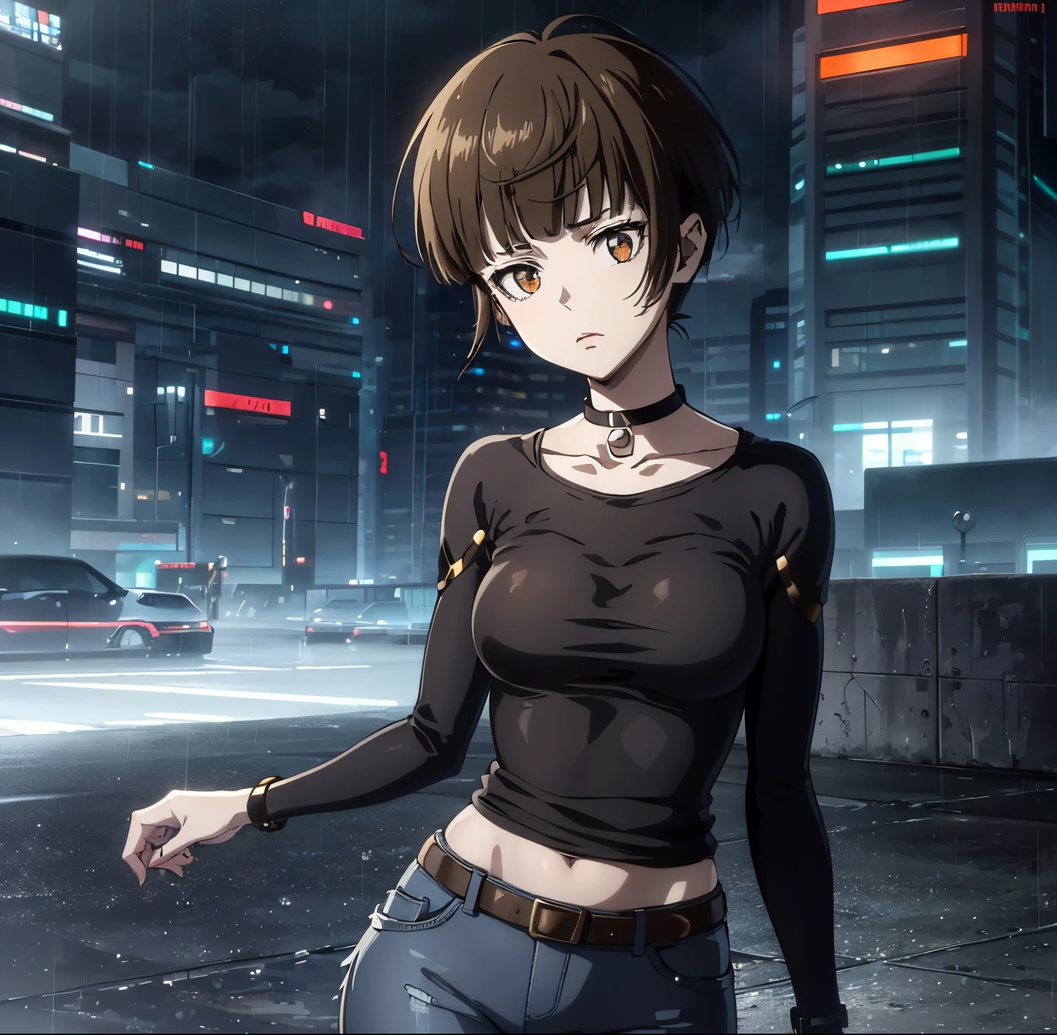 ((1girl)),((alone)),tsunemori akane, (psycho pass),(masterpiece), (best quality), (ultra detailed), (best illustration), (best shadow), (absurdities), focus sharp, cowboy shot, atmospheric perspective, depth of field, dynamic posture looking at viewer, medium breasts, narrow waist, wide hips, wide thighs, round butt, erotic, romantic, (highly detailed eyes, 1.1 lips), highly detailed eyes , eyes, Very detailed face, Very beautiful face, Symmetrical face, Aesthetic face, perfect face, perfect eyes, detailed eyelashes: 1.5), full height, beautiful slim figure, femininity, expressive appearance, elastic medium breasts, sexuality, half-open lips, brown hair, short hair, brown eyes, white skin, jewelry, ring, pants, bracelet, choker, denim jeans, skinny jeans, shirt, earrings, v, denim, black camisom, cleavage, belt, beaded bracelet, beads , bangs, black choker, curves, defined body, Perfect and beautiful body, perfect and beautiful, closed mouth, serious expression, neutral grimace, (sexy pose: 1.2), ((solo)), standing: 1.3, ((outside, cybeppunk landscape, neon lights, cityscape, futuristic streets, futuristic city, light reflection, clouds, rainy, night, city lights)), looking forward, ((focus on breasts)), point of view: (from the middle), perfect anatomy, perfect hands