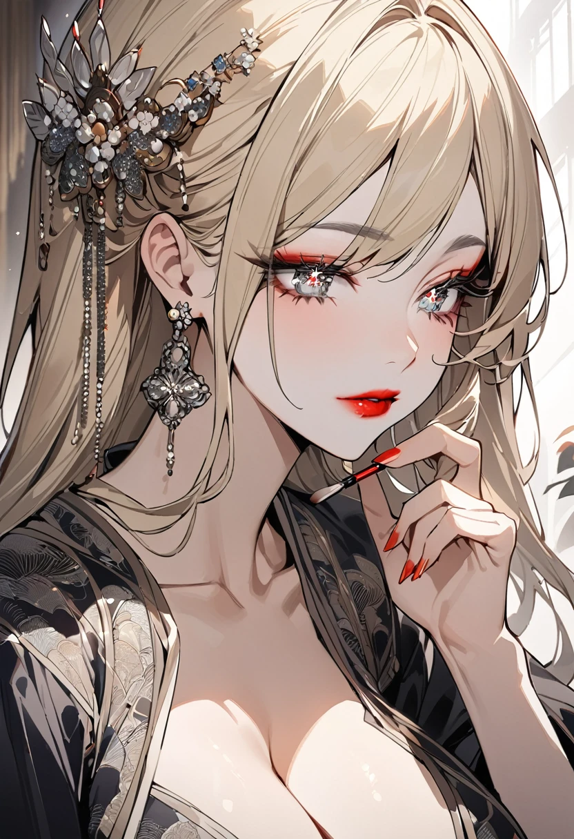 ((best quality)), ((Masterpiece)), (details), Young woman, Young womanที่เป็นผู้ใหญ่ ,alone, (big breasts, blonde hair, Silver Eyes, Sparkling eyes, beautiful face, Beautiful skin , Long eyelashes, Thick eyelashes, red lips, put on makeup) , extremely clothes, Chinese Hanfu Style, beautiful hair jewelry, earring jewelry, Head and hair jewelry, antique jewelry,Flowing tulle,light toned,light toned,Ink painting style,clean color,