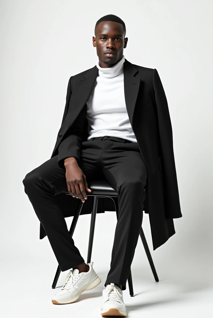 best qualityer:1.4), (ultra high resolution:1.2), (photorrealistic:1.4), (8k, CRU photo:1.2), a thin young man of 20 years old, skin black, with a smooth, beardless face, with short hair, with shaved sides and a low top, he is wearing a white turtleneck shirt and a black coat over it. He is wearing black dress pants and white sneakers.. He is sitting on a black chair. You are in a photography studio with a white background