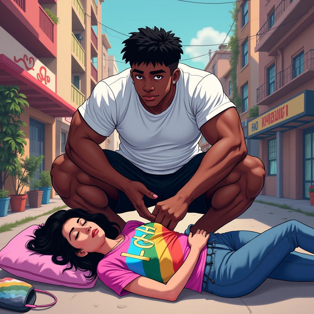 anime art: marvel art style, a masculine 18-year-old black guy with a big bulge, wearing white t-shirt, black nike shorts and nike slides , He's squatting down on top of a sleeping woman wearing lgbt shirt
