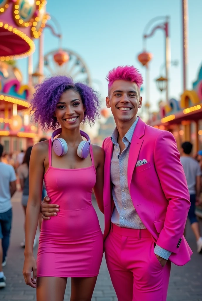 Korean purple hair butterfly woman with headphone and bright pink outfit and sneakers and bright pink dress and young man with pink hair and pink suit in amusement park having fun