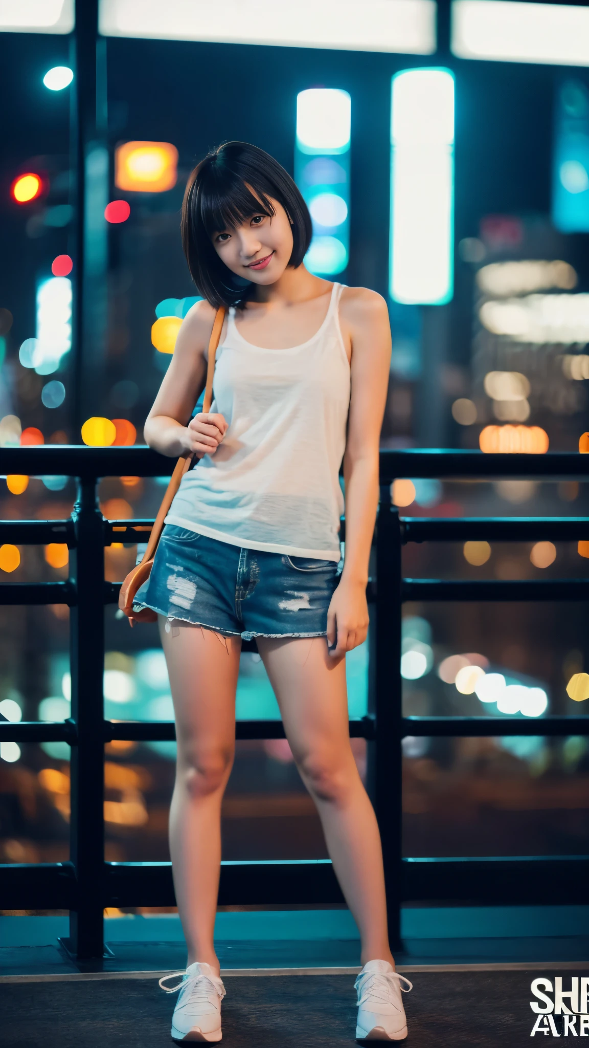 最high quality, table top, High resolution, 24 years old, 1 girl, New York night view, blur the background, full body image, Looking at camera, short hair, Digital single-lens reflex camera, high quality, volume lighting, High resolution, 4K, Japanese college student, stand up straight, ((((upper body photo)))), one person, 