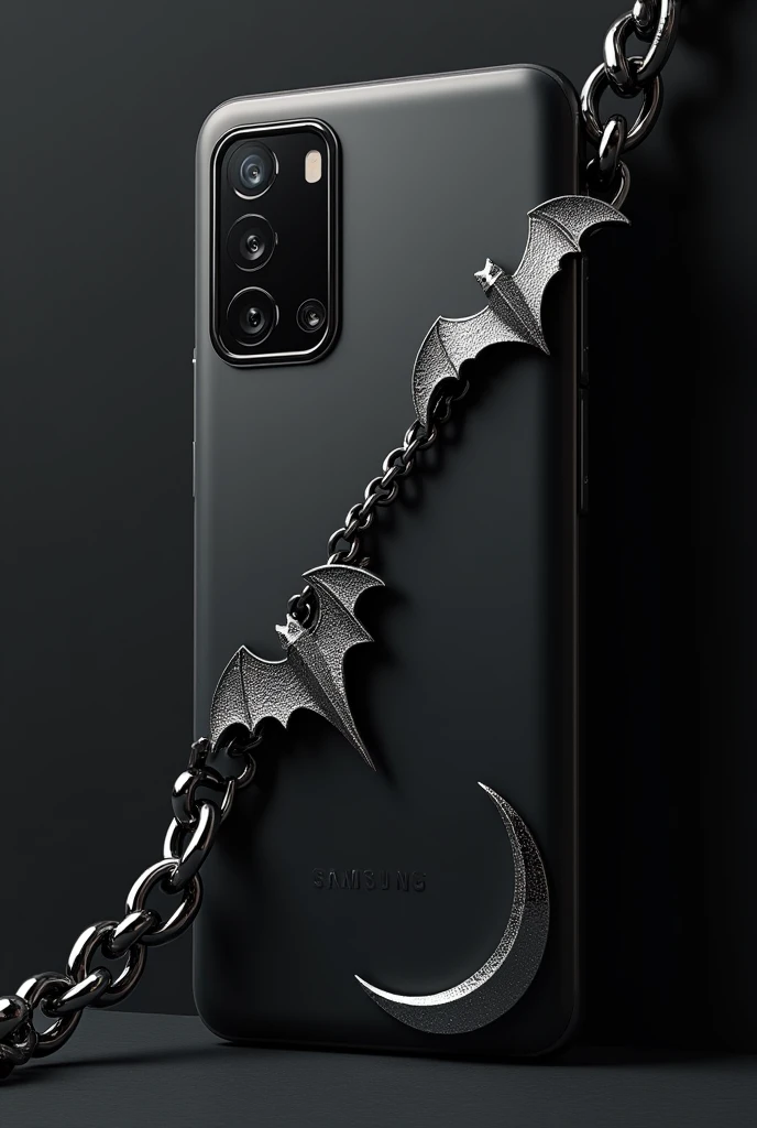 Black phone case with 3D silver bat below the left camera, silver half-moon made of steel in the bottom right corner and a silver chain passing through the middle, going from the top right corner of the case to the bottom left corner of the 3D Samsung A25 cell phone case