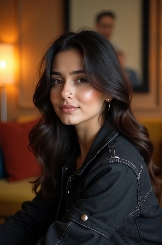 Genrate a sexy lady influencer. Very realstic. 25 years old. Very Fair face. Cute face. Black Denim jacket wearing. Slim nose. Very light brown eyes. Beautiful slim lips. Beautiful face. Beautiful eyes. Sexy Indian lady. She is the lovely sexy lady. Realistic background. she is sitting on the sofa. sexy lady 