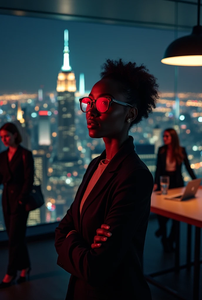 Cover Concept:
setting: A corporate office with a panoramic view of new york city, dark lighting with, red glasses, A powerful image of black women leading a team through complex logistics scenarios,
convey strength and leadership.