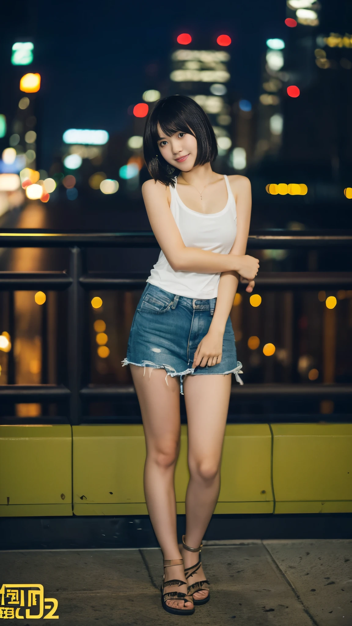 最high quality, table top, High resolution, 24 years old, 1 girl, New York night view, blur the background, full body image, Looking at camera, short hair, Digital single-lens reflex camera, high quality, volume lighting, High resolution, 4K, Japanese college student, stand up straight, ((((upper body photo)))), one person, 