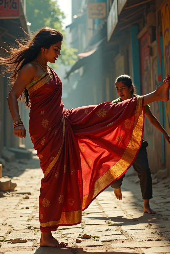 One women kicking other women ass with angry face expression in saree