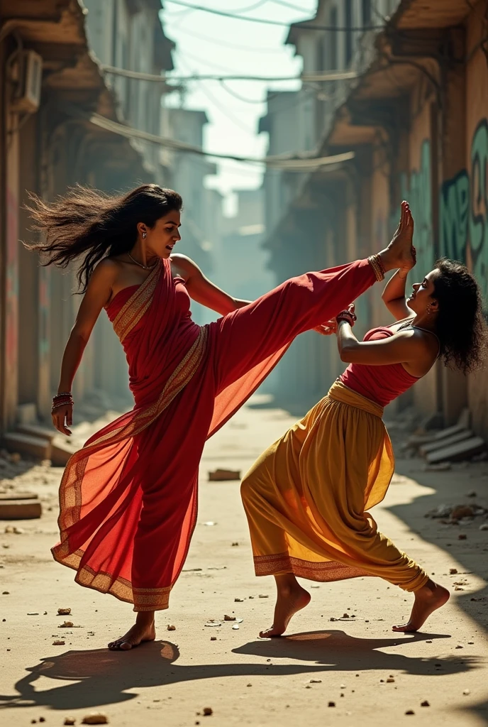 One women kicking other women ass with angry face expression in saree