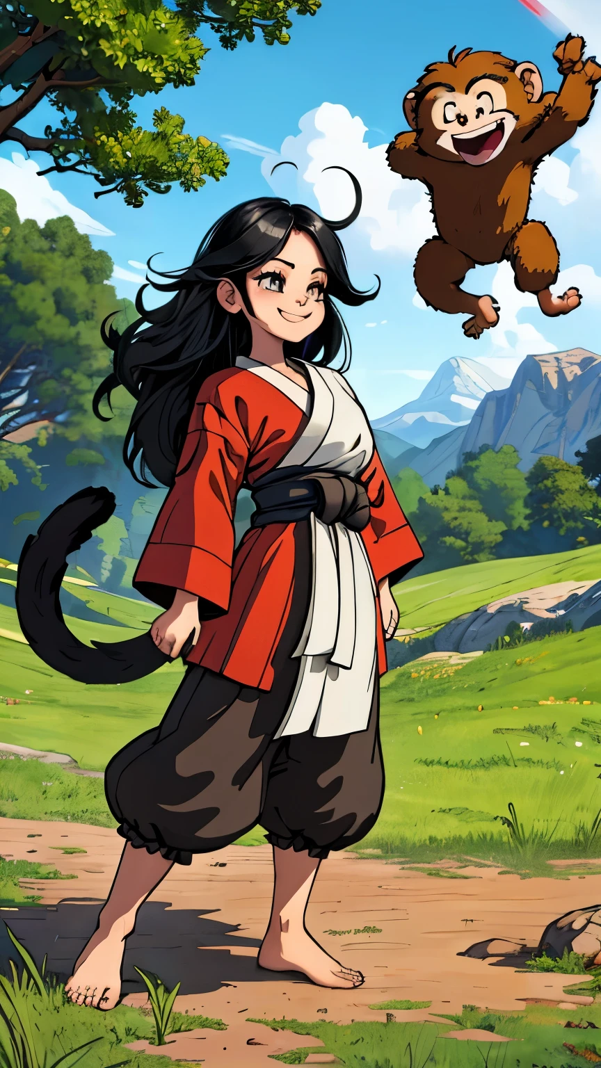 (extremely detailed CG unity 4k wallpaper),(masterpiece),(best quality),(ultra-detailed),(best illustration),(best shadow),(absurdres),(Detailed background), Slim woman, long black hair, Smile, Grassy field background, Monkey tail, Martial arts GI, 