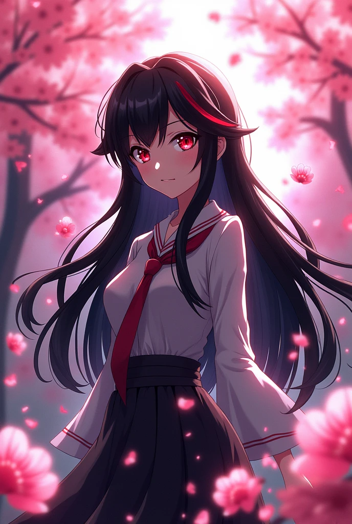 an anime one, with black hair color a red streak in the fringe, long hair, long hair,red eye color
