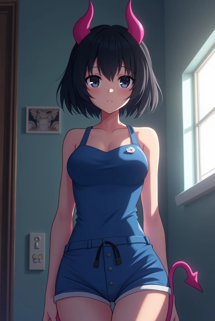 anime girl, My Hero Academia, pink devil horns, my short black hair,Tender white eyes with black, a black devil's tail, He was wearing a blue tank top and shorts , 16 year old girl's body in a closed room