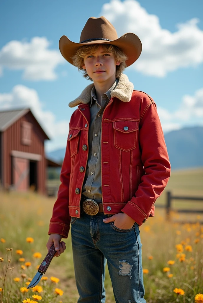A western-style ager in a choir jacket, and a pocket knife in his hand
