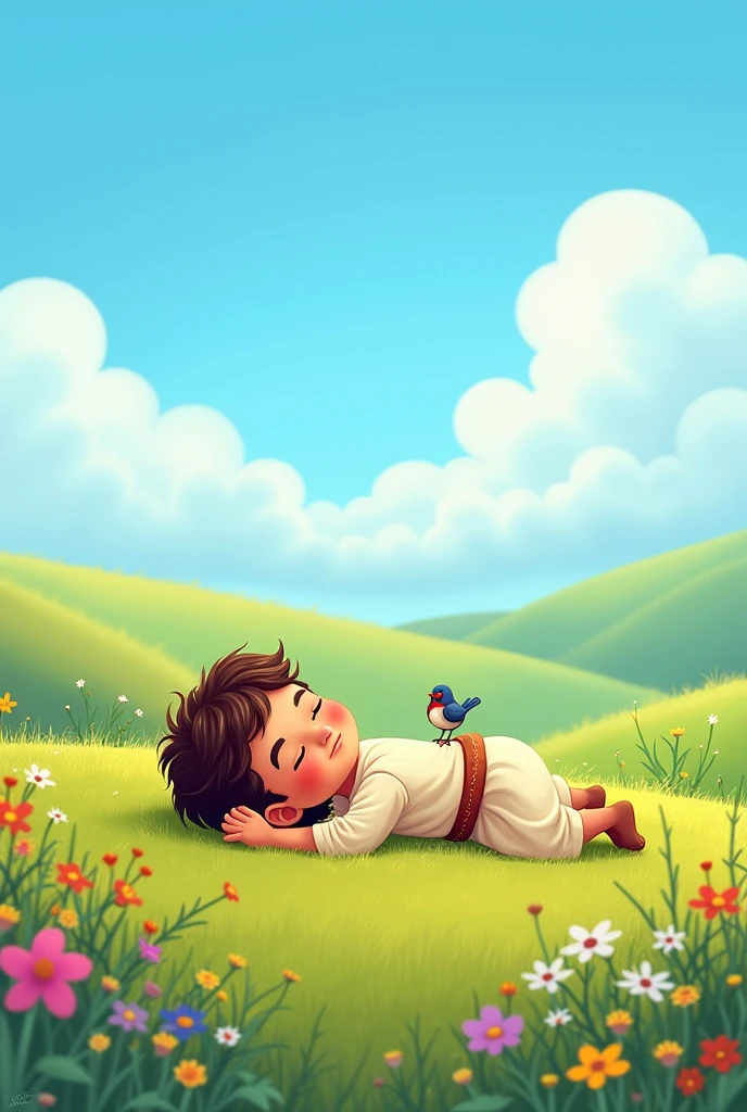 Joshua lying down praying from the bible in cartoon form