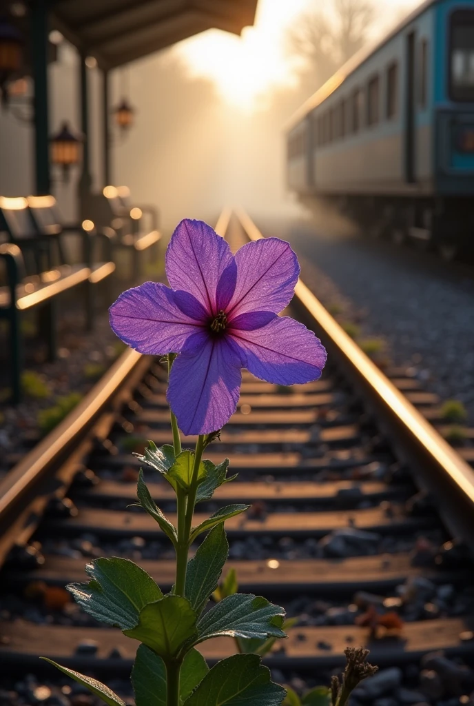 A purple flower in the early morning in the railway station