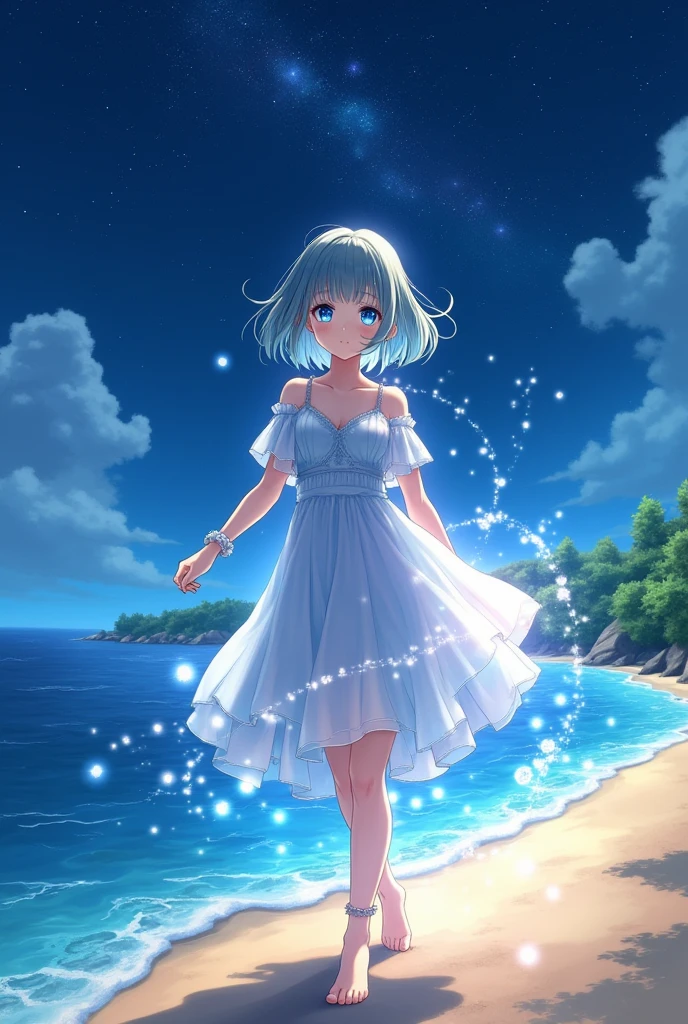 (masterpiece、Highest quality、8k、High resolution)、(Anime Girl)、(The most beautiful face)、Clean blue eyes、Beautiful lips、Beautiful nose、Blonde Hair、Walking on the sand、Ocean、You can see the forest、A bright night with stars visible、Mysterious light particles emitting from the body、Very mysterious light、jewelry、necklace、dress、(whole body)、Highly detailed anime art、A complete portrayal、