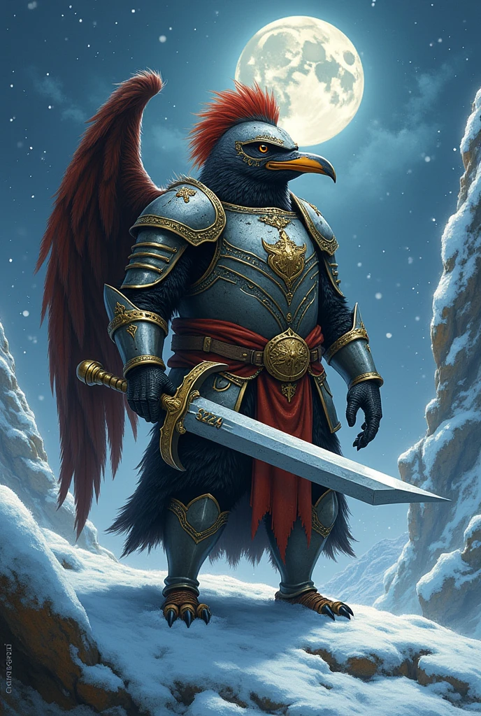 Medieval fearsome penguin warrior with a name plate on lower written 3224
