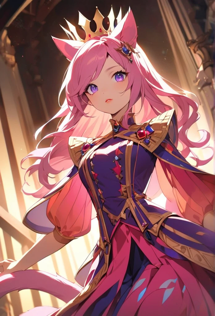 a young girl, cat girl, long pink hair, purple eyes, long cat ears, large and long pink tail, beautiful detailed eyes, beautiful detailed lips, extremely detailed eyes and face, longeyelashes, soft lighting, warm color palette, cinematic composition, dramatic lighting, professional, physically-based rendering, sharp focus, vivid colors, Queen's outfit, Crown