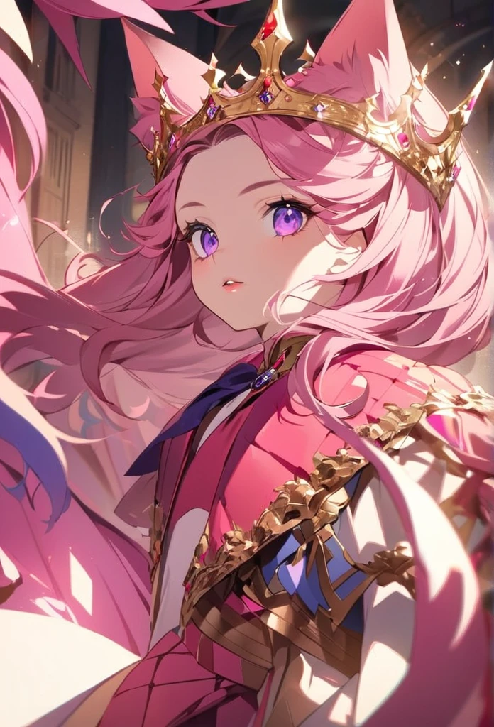 a young girl, cat girl, long pink hair, purple eyes, long cat ears, large and long pink tail, beautiful detailed eyes, beautiful detailed lips, extremely detailed eyes and face, longeyelashes, soft lighting, warm color palette, cinematic composition, dramatic lighting, professional, physically-based rendering, sharp focus, vivid colors, Queen's outfit, Crown