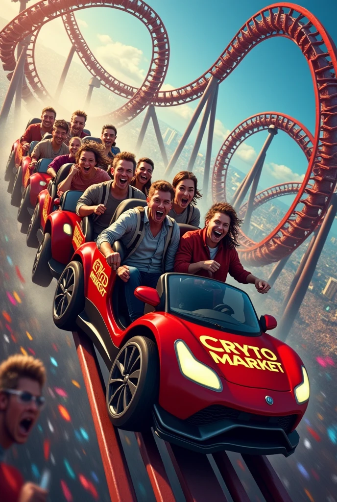  A graphic of an extreme roller coaster, with the words "Crypto Market" written on the roller coaster and people with faces of fear and excitement