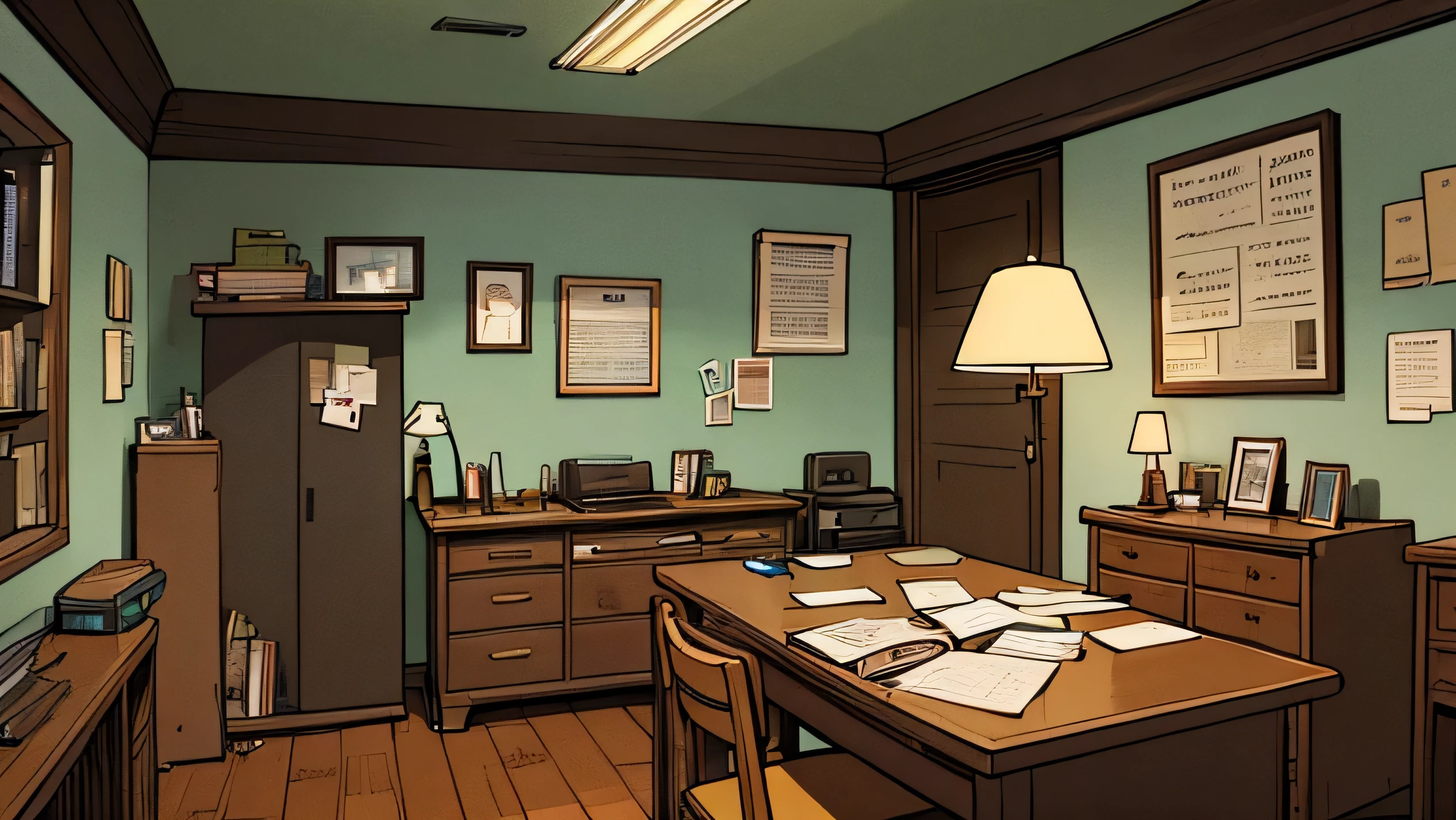 An old-fashioned detective's office with a sturdy wooden or metal desk covered in scattered papers, case folders, and a vintage rotary phone. The desk has a lit green banker’s lamp, creating a warm, focused light. Behind the desk is a worn leather office chair. To one side of the desk, there are tall metal filing cabinets with labeled drawers, some slightly ajar. A corkboard on the wall is filled with pinned photographs, notes, and red string connecting various clues. The room is dimly lit, with light filtering through half-closed blinds. The floor is wooden and slightly worn. A half-drunk cup of coffee sits on the desk alongside a smoldering cigarette in an ashtray. The overall atmosphere is serious, with a sense of mystery and intense focus.