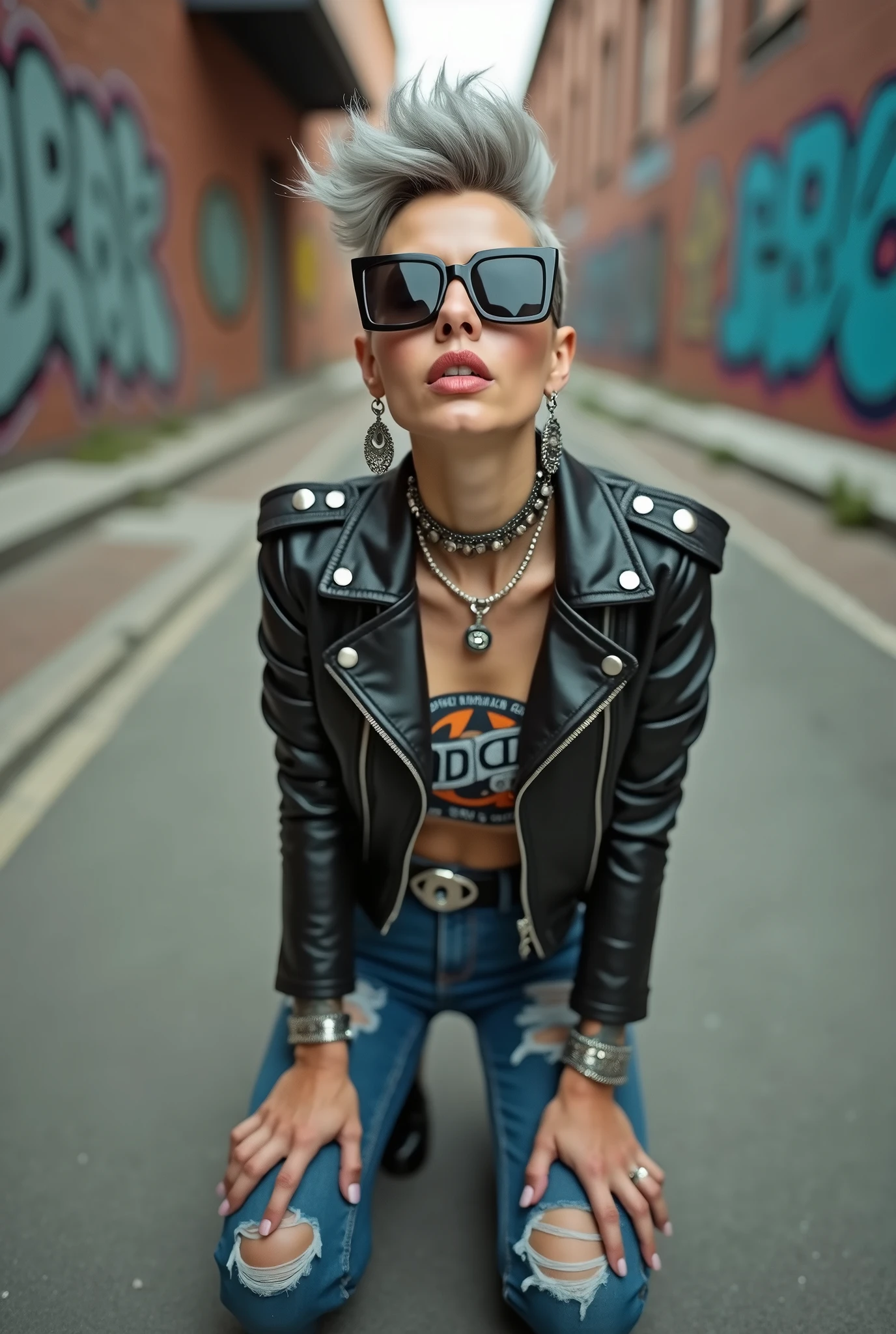russian old milf woman, grey hair (pompadour, ponytail, shaved sides), wearing oversized square sunglasses hanging from the neckline of her t-shirt,, with very light blue eyes, extremely pale. Wearing cropped black moto jacket (padded shoulders) with lots of zippers and badges on jacket flaps, cropped t-shirt with big motorcycle club logo, dark blue jeans with holes and pointy Chelsea boots with cuban heels . Silicone breasts. Lots of metallic bracelets, long pendants and lots of collars. Tacky leather belt with oversized chanel buckle. Long earrings. Kneeling, looking at the camera, legs spread, tilted head, eyes and mouth wide open in amazement. Hands fixing her hair, toned abdominals, thin legs and thin arms. Tattoed chest, hands, belly and arms. Realistic