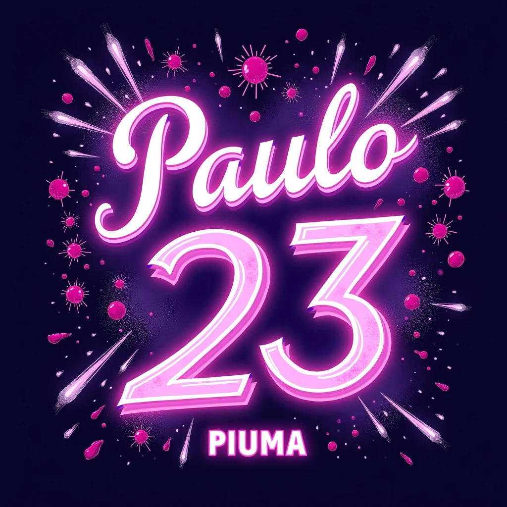 ((UTF-8)) Please create an image with the name "Paulo Cola", AND the number "23", AND the name "PIUMA". Use purple as the main color theme. Fluorescent colors.