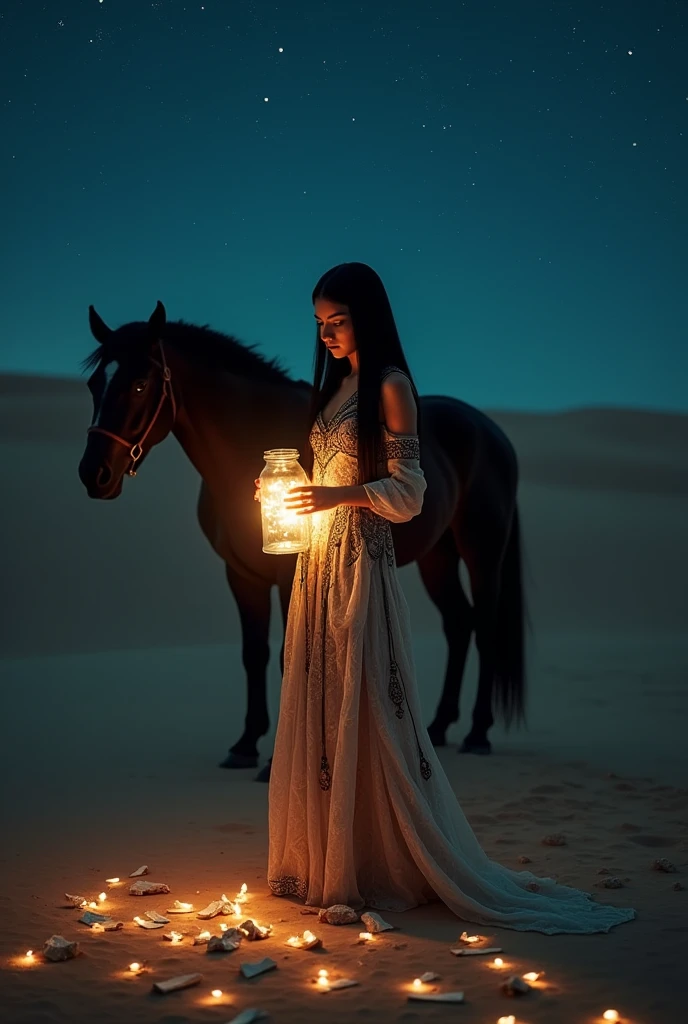 Draw a picture of a girl of 20 years old in brave's costume, having straight black hair standing in desert holding a jar which is decorated with LED lights inside. The girl is holding a chit and reading it.
On desert there are lots of chits everywhere without led lights.
A black horse is standing behind the girl on left side.
The whole picture is in dark mode.