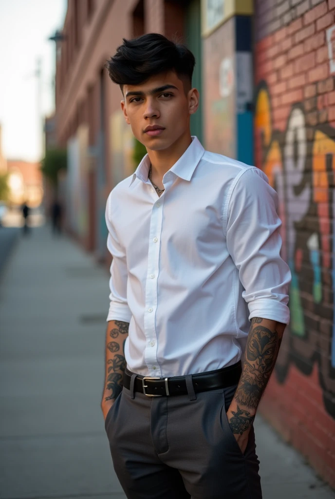 18 year old American boy with straight black hair in undercut, wears a white dress shirt, jaket, Eyeglasses, He has a strong body and tattoos on his arms